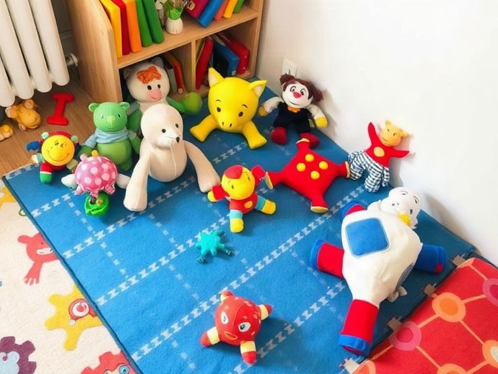 Khu vực chơi được sắp xếp với đồ chơi vải sạch theo chiến lược luân phiên.