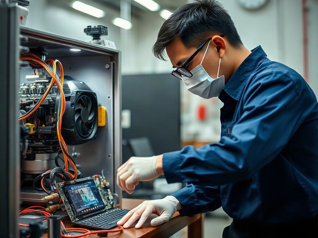 Kỹ thuật viên kiểm tra thiết bị điện tử sau khi vệ sinh