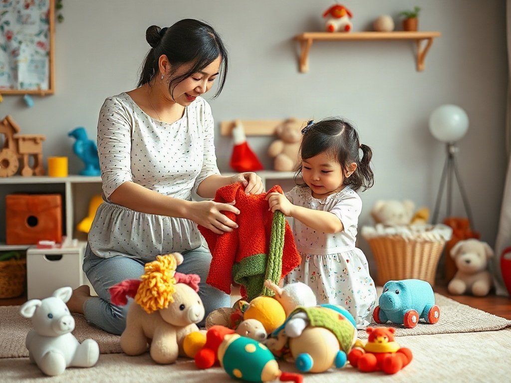 Mẹ và bé Việt cùng dọn và phân loại đồ chơi vải trong phòng chơi.