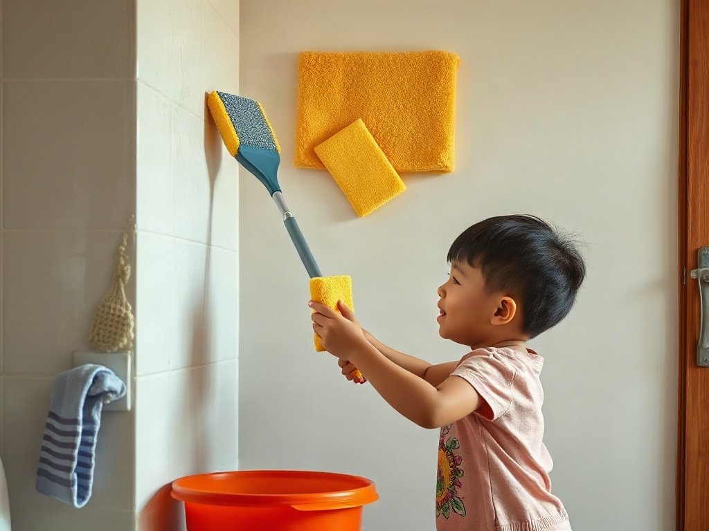 Mẹ và con chà tẩy vết bút bằng miếng bọt melamine
