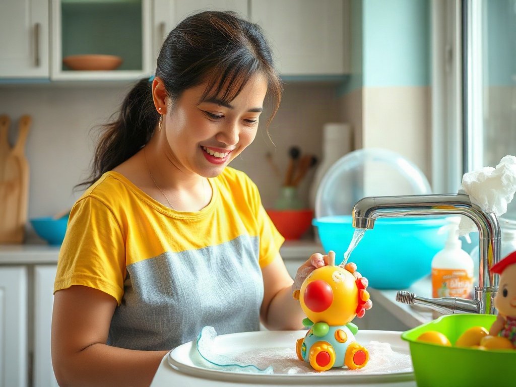 Mẹ Việt Nam rửa đồ chơi trẻ em bằng xà phòng và nước