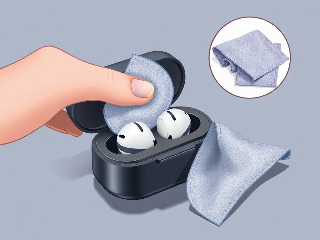 Minh họa lau sạch hộp sạc tai nghe bằng khăn microfiber