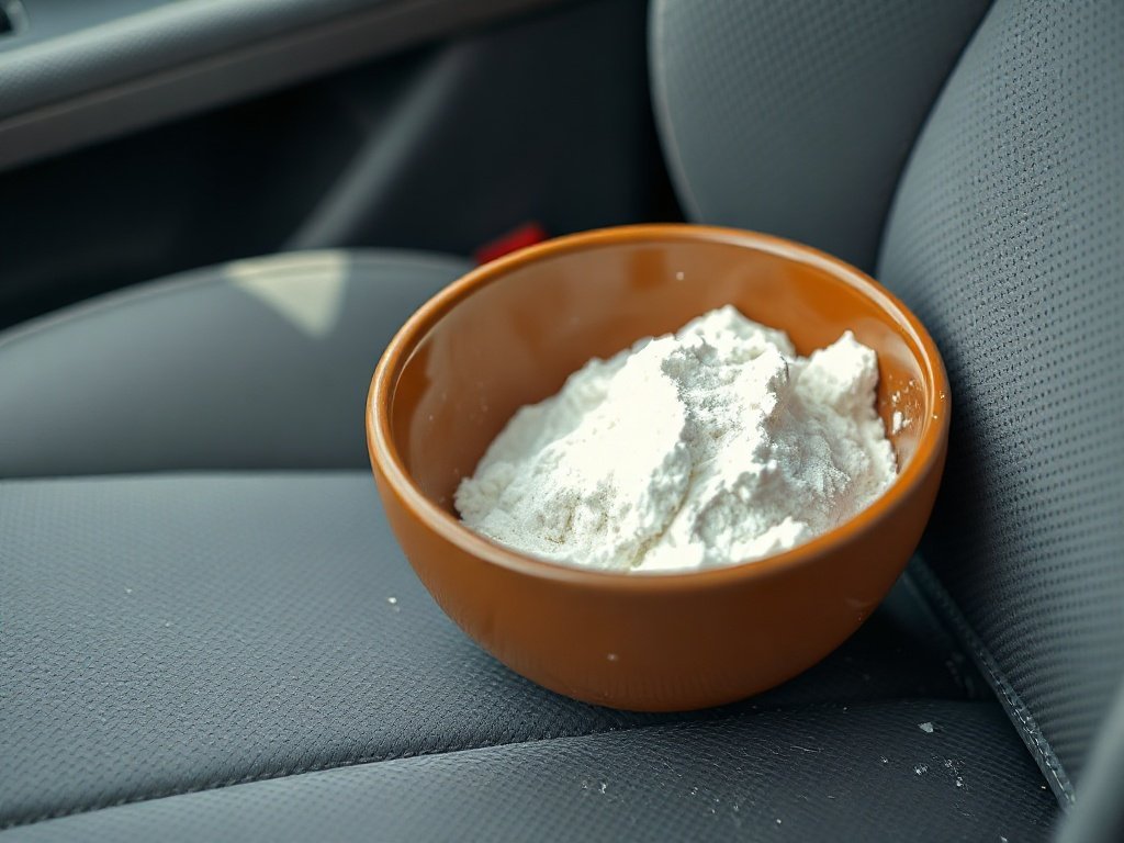Một bát baking soda đặt trên ghế xe hơi, thể hiện khả năng hút mùi.