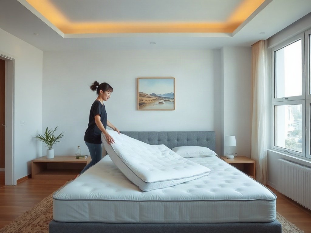 Một người Việt đang lật đệm trong phòng ngủ hiện đại và sáng sủa.