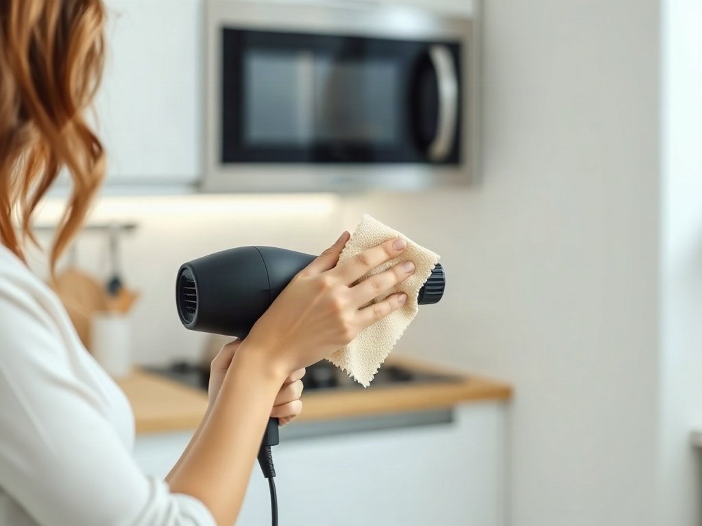 Một phụ nữ dùng khăn mềm lau máy sấy tóc