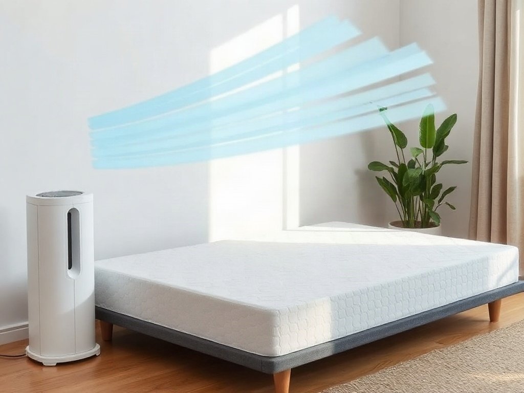 Nệm cao su trong phòng có máy lọc không khí