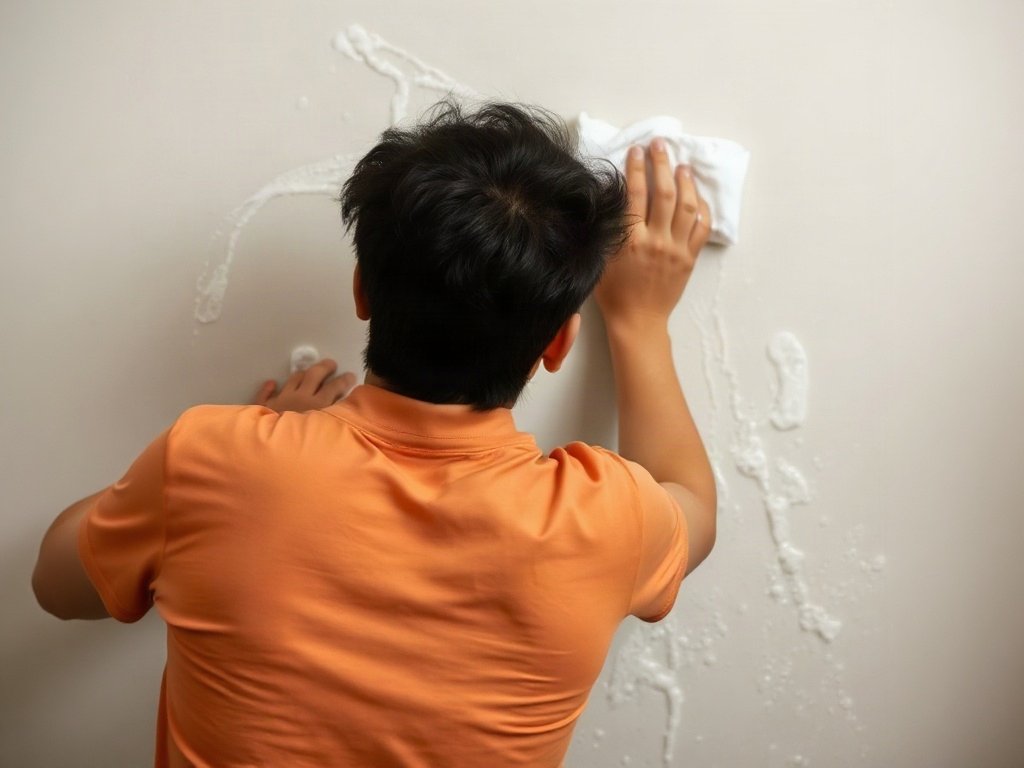 Người cọ rửa tường với bọt xà phòng tại nhà