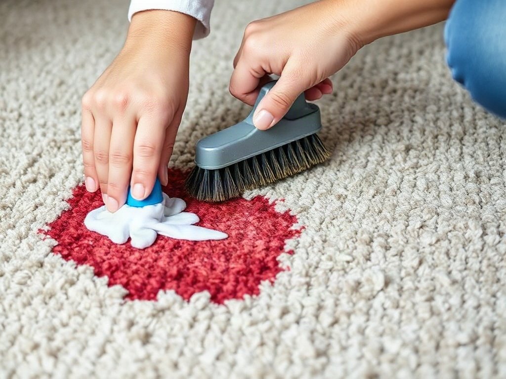 Người cọ thảm với chất tẩy rửa và bàn chải