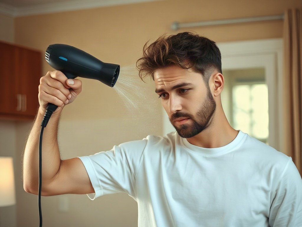 Người đàn ông loại bỏ bụi bám trên máy sấy tóc
