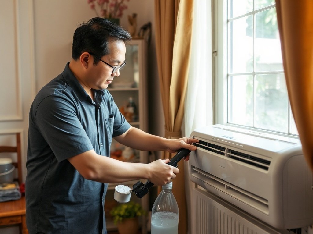 Người đàn ông sử dụng bộ làm sạch DIY cho máy lạnh