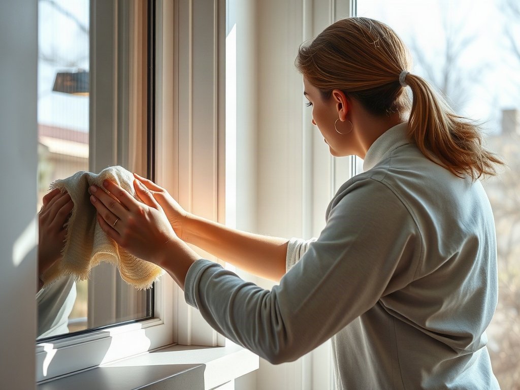 Người đang vệ sinh bệ cửa sổ với khăn
