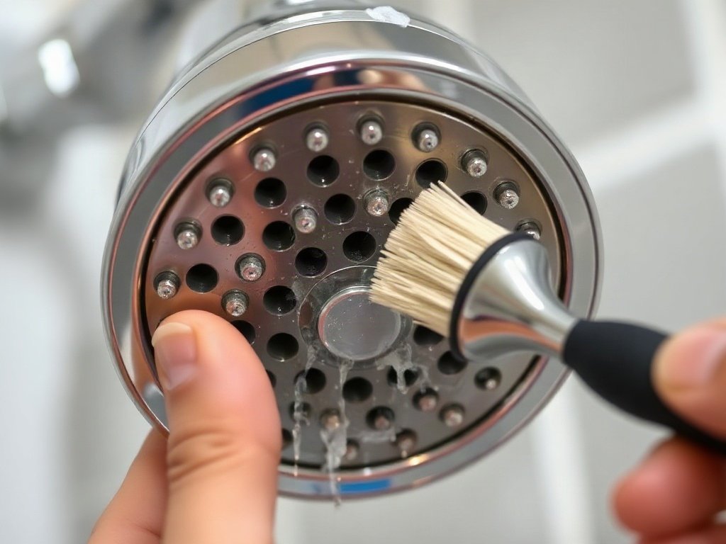 Người dùng bàn chải nhỏ làm sạch lỗ nhỏ trên đầu sen, cận cảnh.