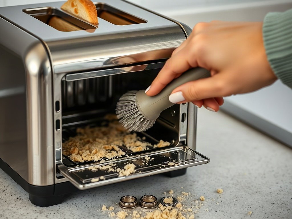 Người dùng chổi mềm loại bỏ vụn bánh trong máy nướng