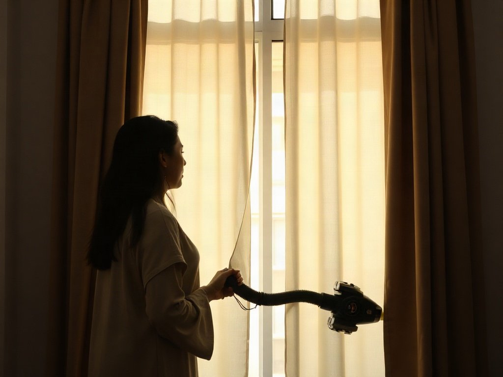 Người dùng máy hút bụi làm sạch bụi trên rèm cửa treo