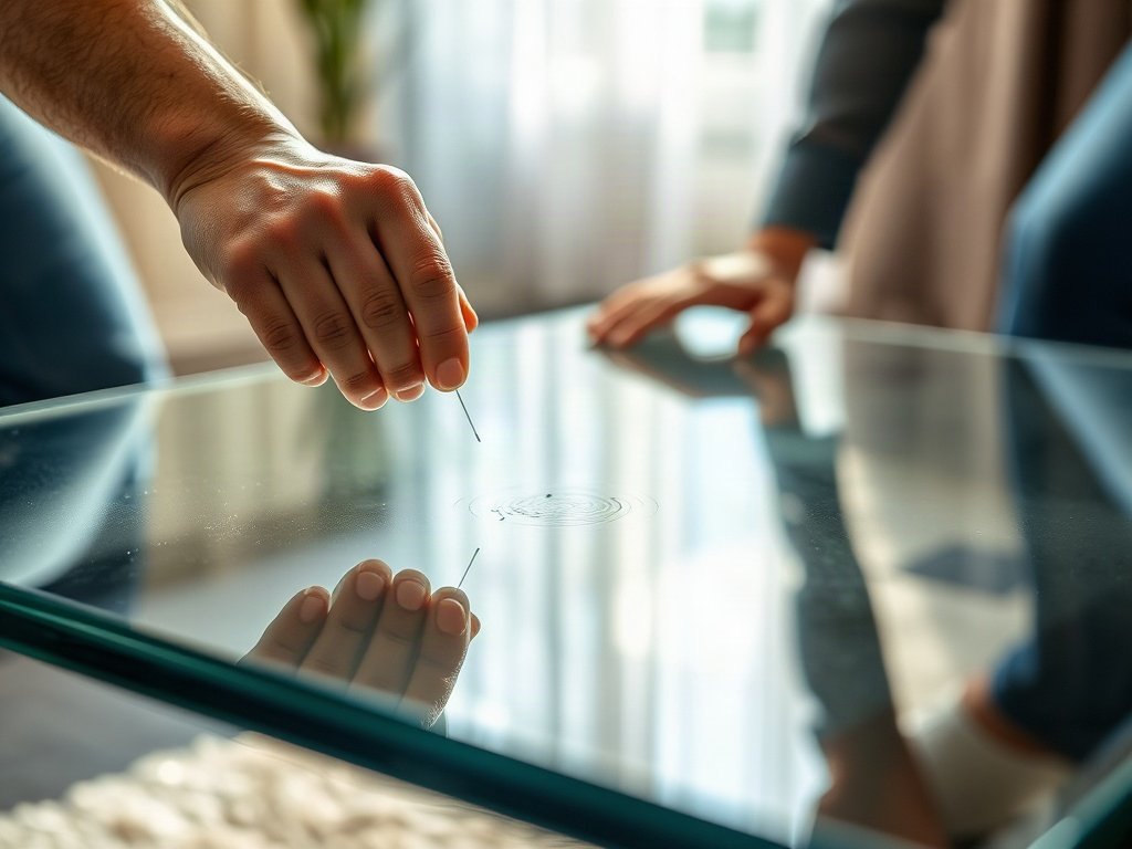 Người kiểm tra các dấu vân tay trên bàn trà kính