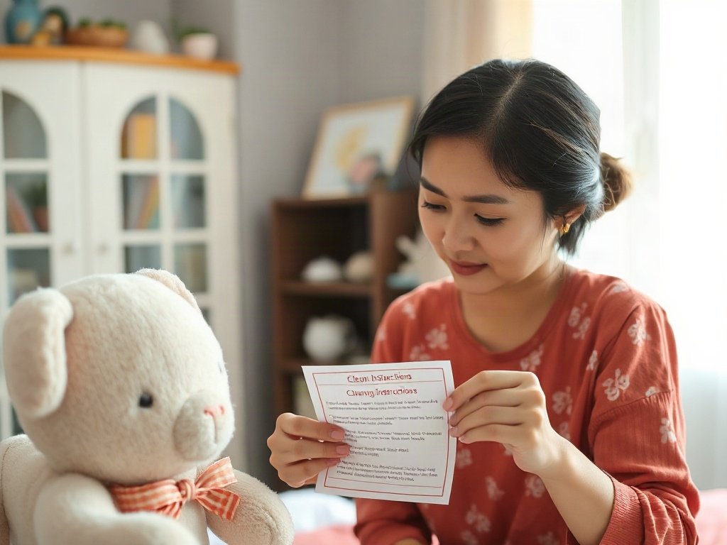 Người mẹ Việt Nam kiểm tra nhãn đồ chơi vải để làm sạch.
