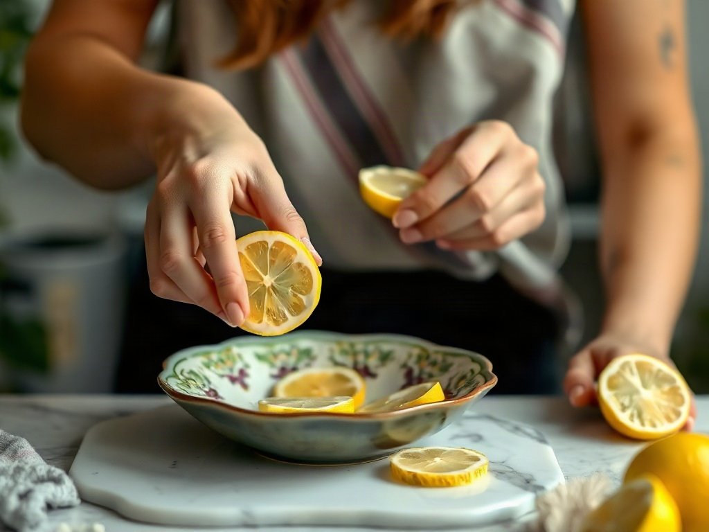 Người phụ nữ dùng lát chanh làm sạch đĩa gốm đẹp