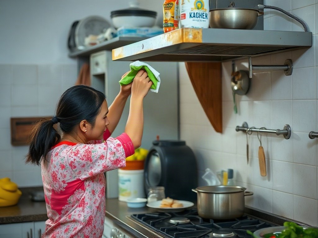 Người phụ nữ lau dầu mỡ máy hút mùi trong gian bếp gia đình Việt