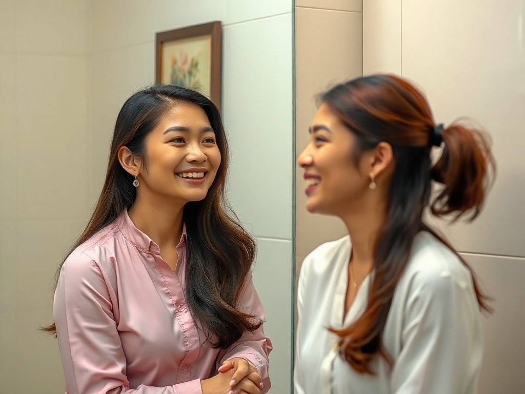 Người phụ nữ Việt Nam hài lòng với gương sáng bóng không tì vết