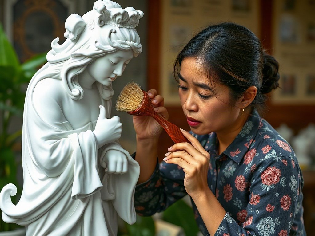 Người phụ nữ Việt Nam làm sạch tượng sứ bằng bàn chải mềm