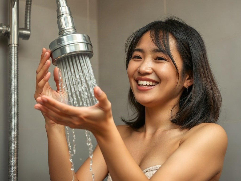 Người phụ nữ Việt Nam vui vẻ thử đầu sen mới sạch với dòng nước mạnh.