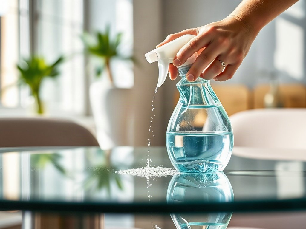 Người sử dụng dung dịch vệ sinh kính cho bàn trà