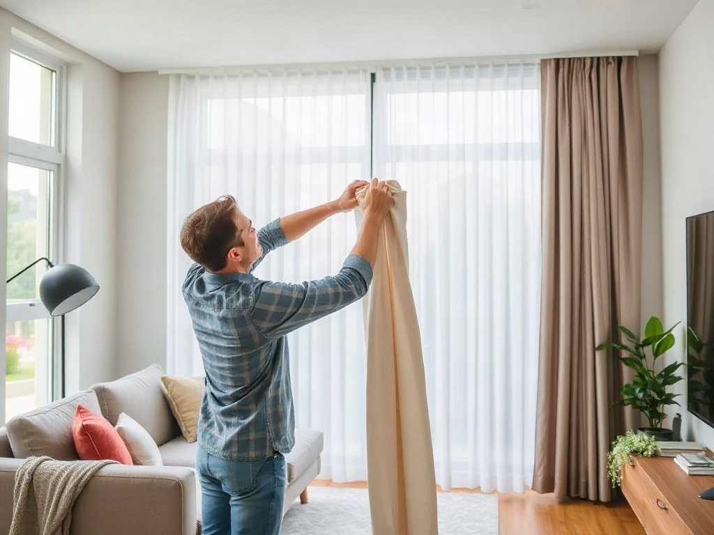 Người tháo rèm cửa khỏi thanh treo trong phòng khách hiện đại