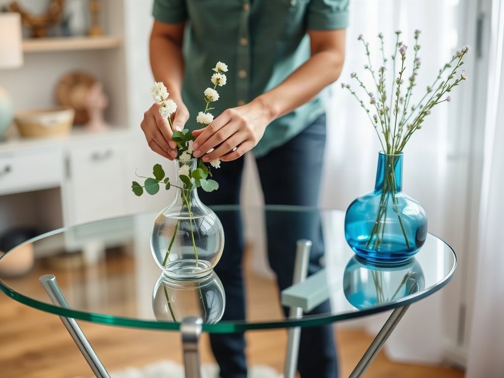 Người thêm chi tiết cuối cho bàn trà kính, điều chỉnh trang trí