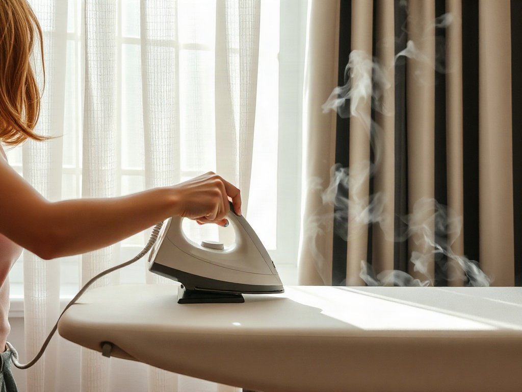 Người ủi rèm cửa trên bàn ủi với hơi nước bay lên