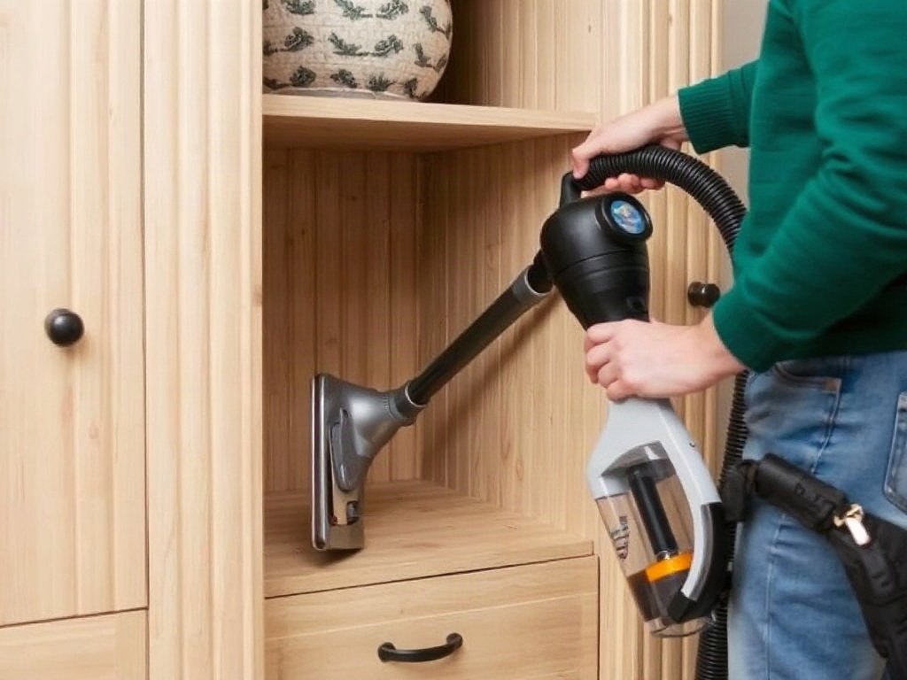Người vệ sinh tủ quần áo bằng máy hút bụi