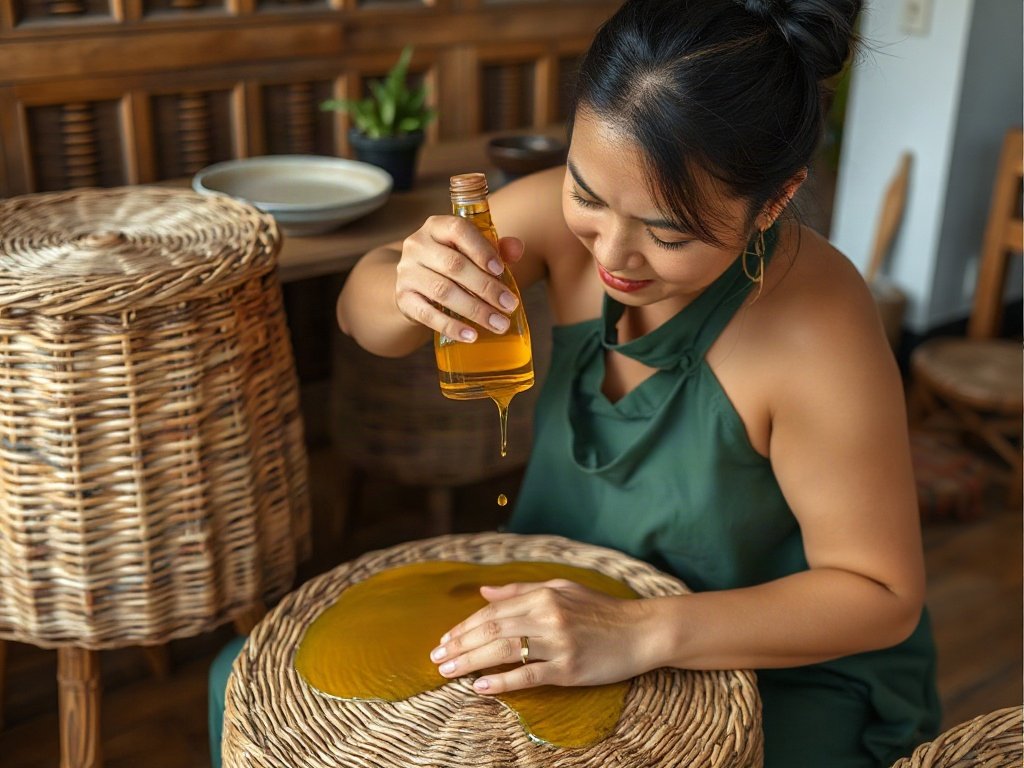 Người Việt chăm sóc bàn tre bằng dầu tự nhiên.