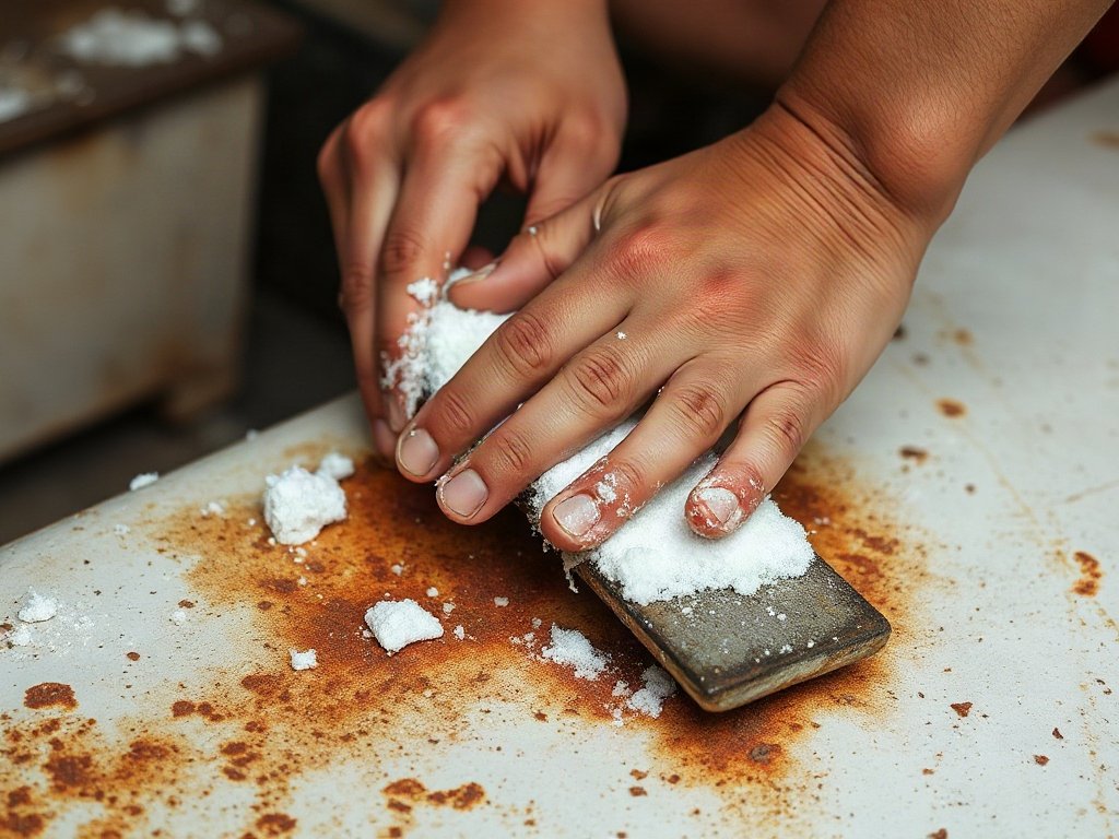 Người Việt đang chà bề mặt sắt rỉ bằng baking soda và giấm
