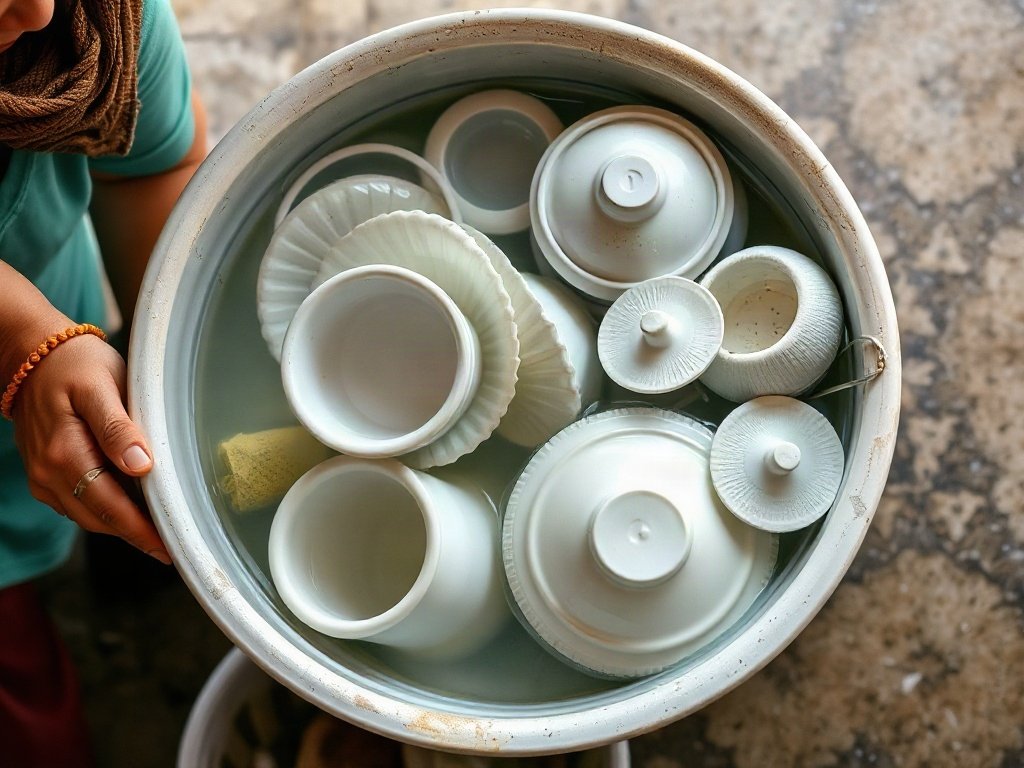 Người Việt đang ngâm đồ gốm trong nước ấm pha xà phòng nhẹ.
