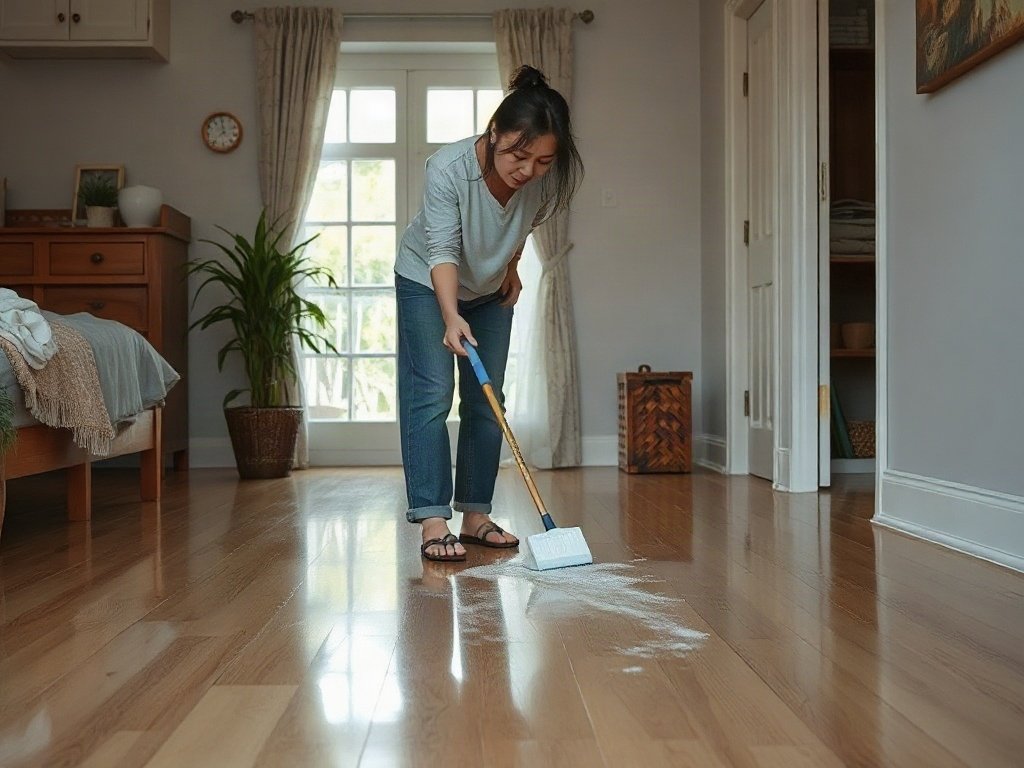 Người Việt đang tẩy vết bẩn trên sàn vinyl bằng baking soda.