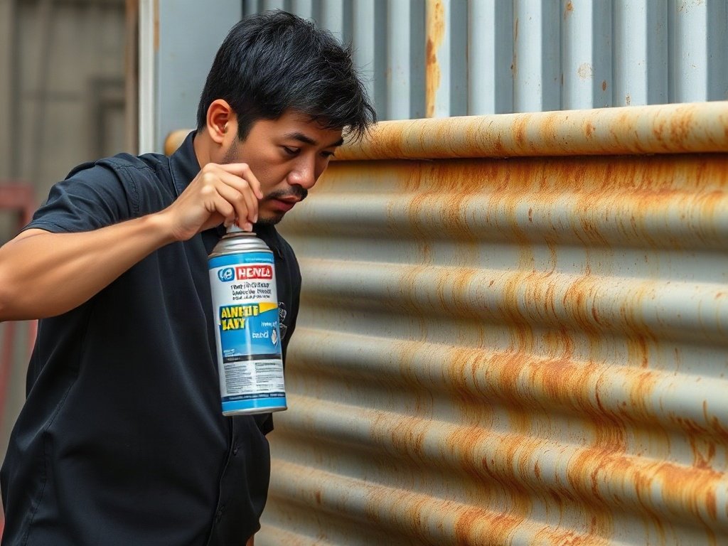 Người Việt đang xịt chống rỉ sét lên kim loại