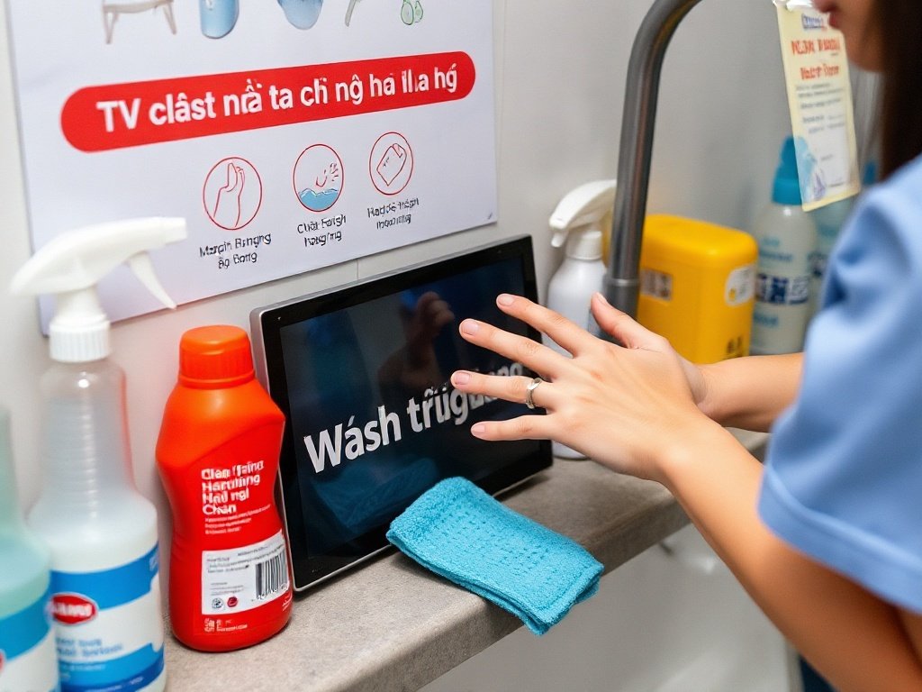 Người Việt đặt hướng dẫn tivi cạnh vật liệu làm sạch.