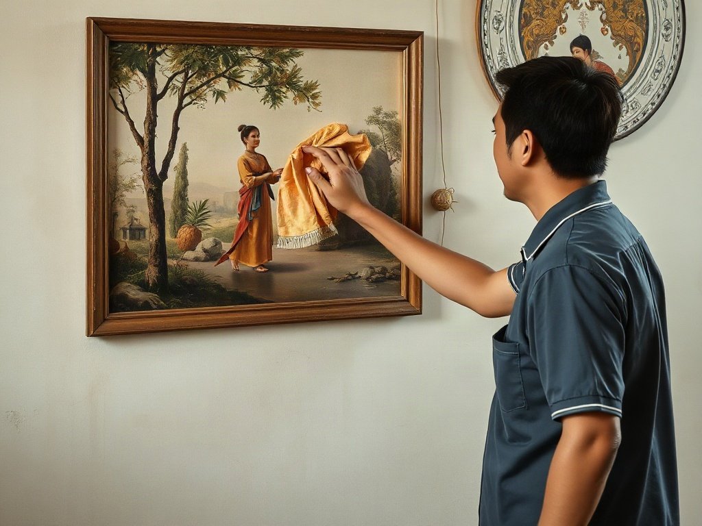 Người Việt dùng khăn mềm phủi bụi tranh treo tường