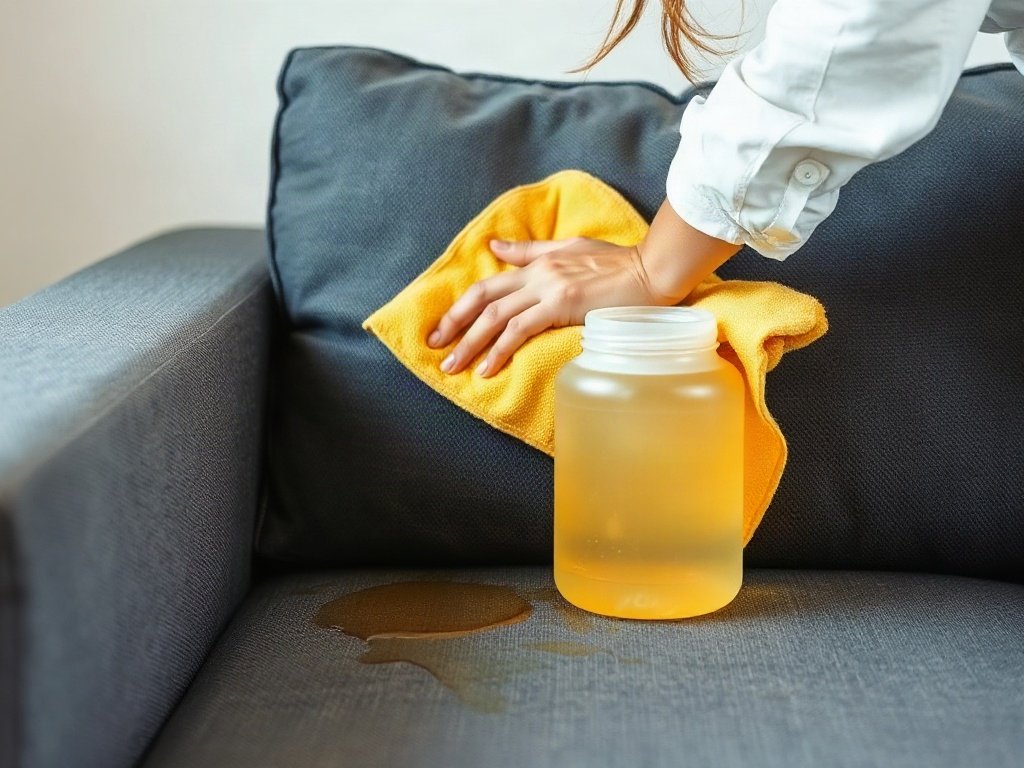 Người Việt dùng khăn thấm nước giấm nhẹ nhàng làm sạch vết bẩn trên sofa
