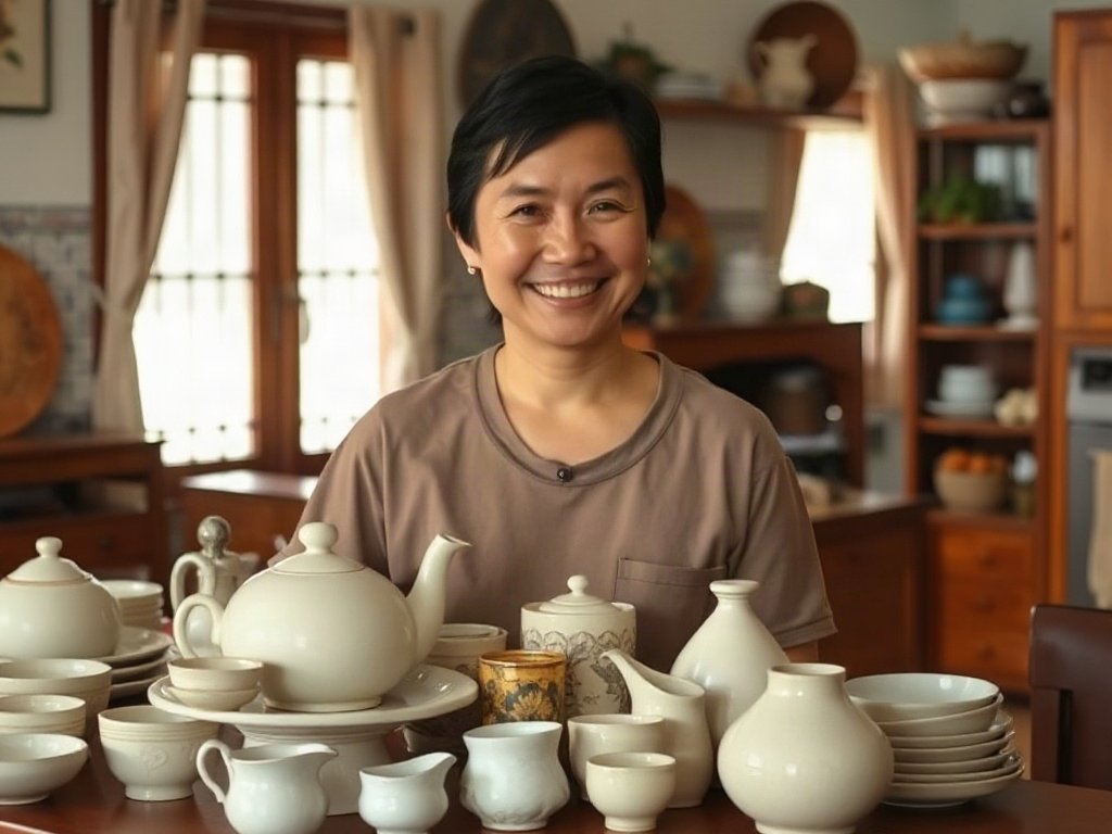 Người Việt hài lòng tự hào trưng bày bộ sưu tập gốm sứ mới sạch trong một nhà bếp ấm cúng.