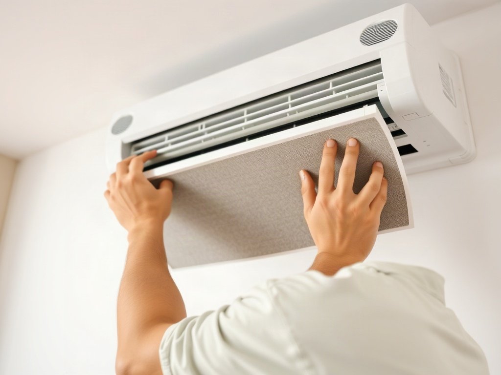 Người Việt kiểm tra và làm sạch bộ lọc điều hòa không khí.