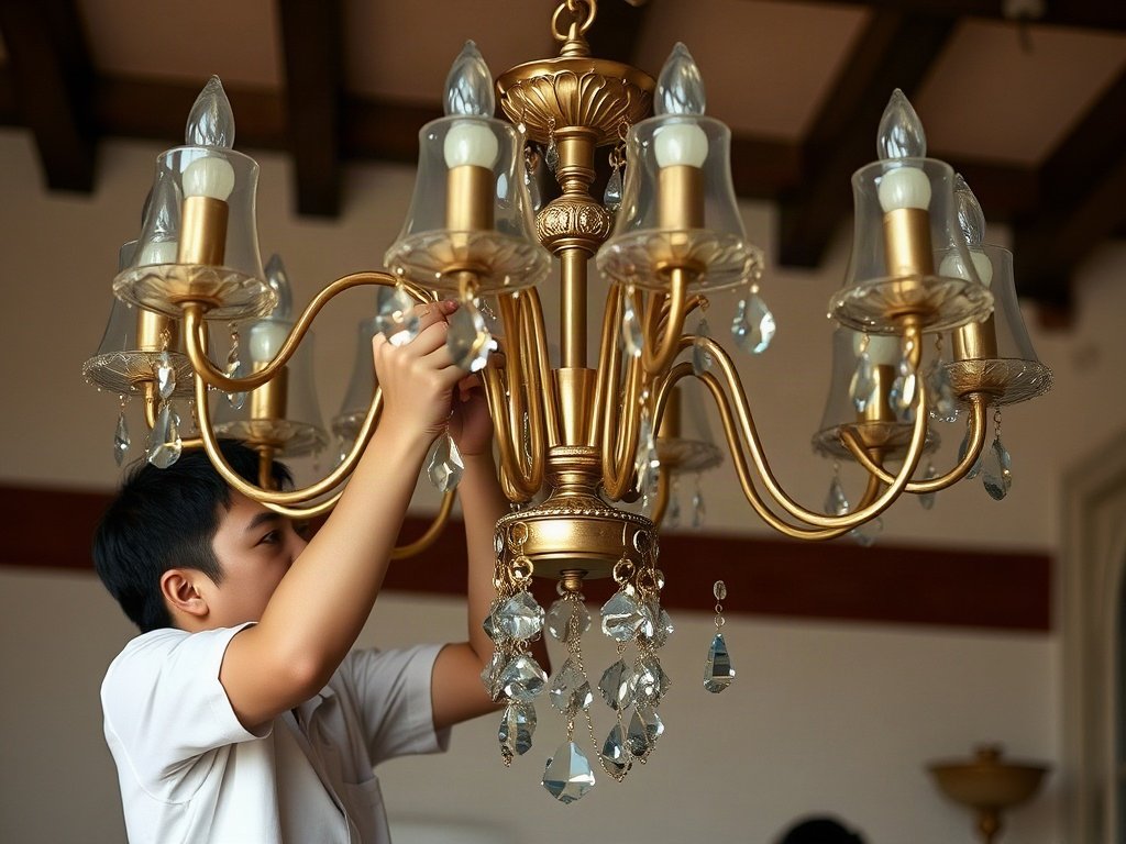 Người Việt lắp ráp đèn chùm sau khi vệ sinh