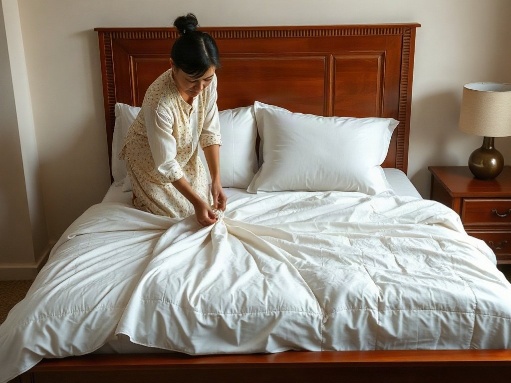 Người Việt lắp ráp giường sau khi vệ sinh với chăn gối gọn gàng
