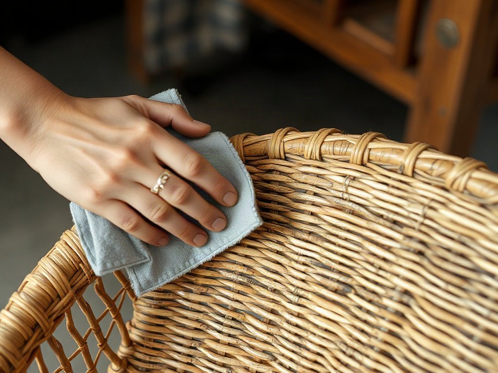 Người Việt lau ghế mây bằng vải mềm.