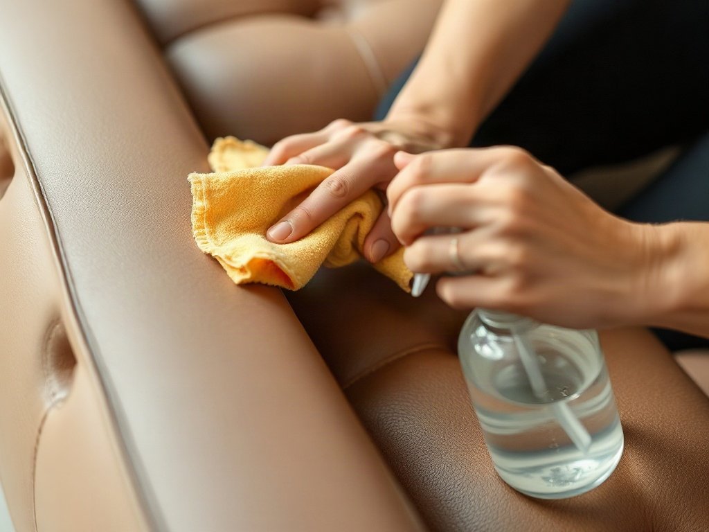 Người Việt lau ghế sofa da bằng vải mềm và dung dịch tẩy rửa nhẹ