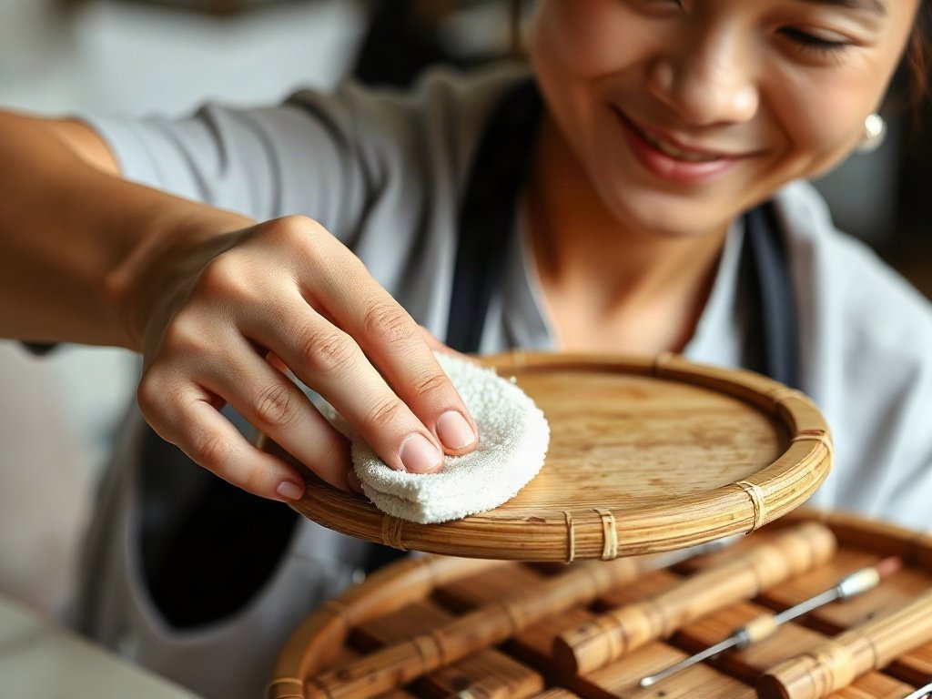 Người Việt mỉm cười khi đánh bóng khay phục vụ tre, cho thấy việc bảo quản cẩn thận.