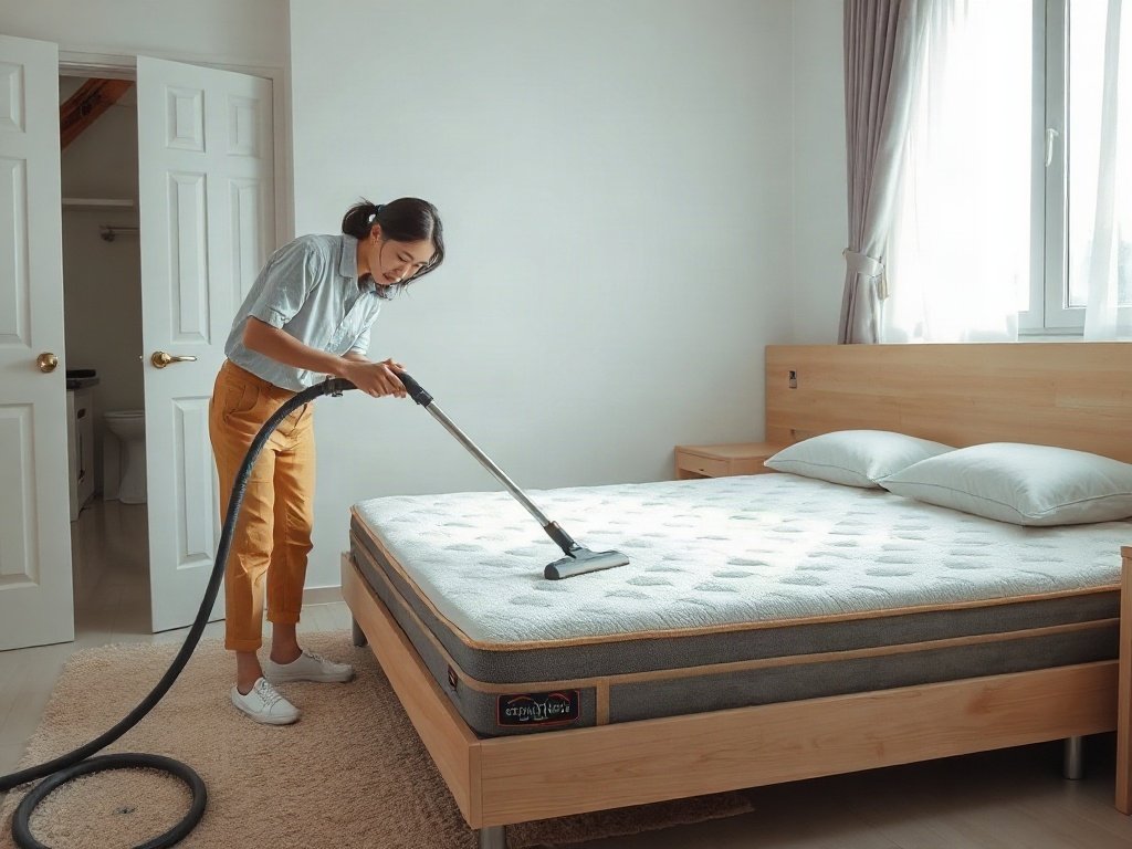 Người Việt Nam đang hút bụi cho đệm trong phòng sạch sẽ.