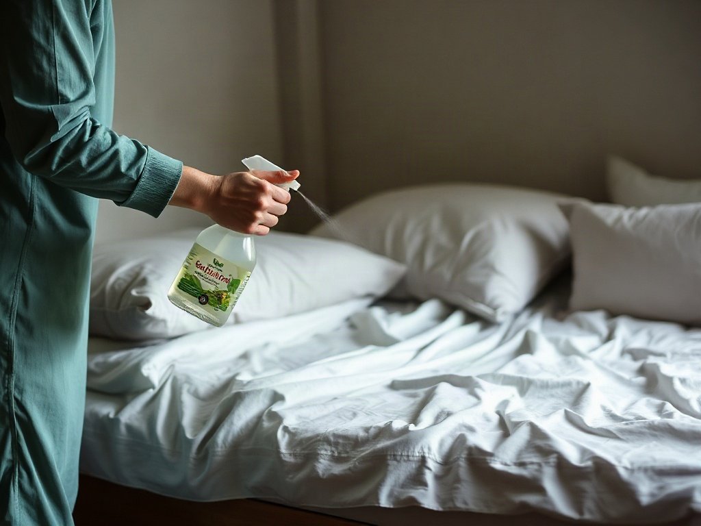 Người Việt Nam đang xịt dung dịch làm sạch tự chế lên chăn ga gối.