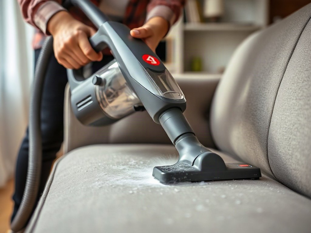 Người Việt Nam dùng máy hút bụi làm sạch sofa vải tại nhà
