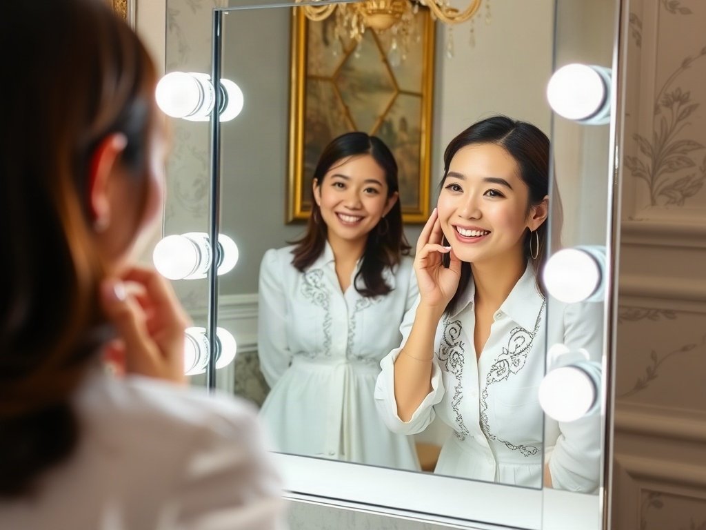 Người Việt Nam kiểm tra gương trang điểm sạch với nụ cười tươi ở góc trang điểm.