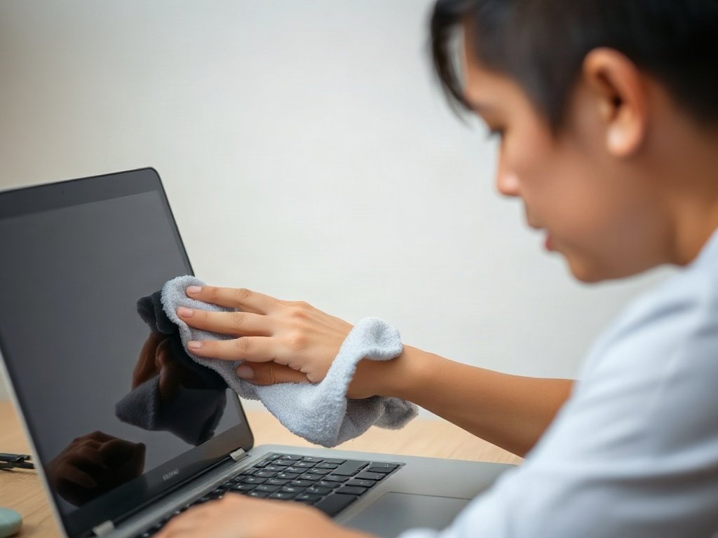 Người Việt Nam lau màn hình laptop bằng vải sợi nhỏ